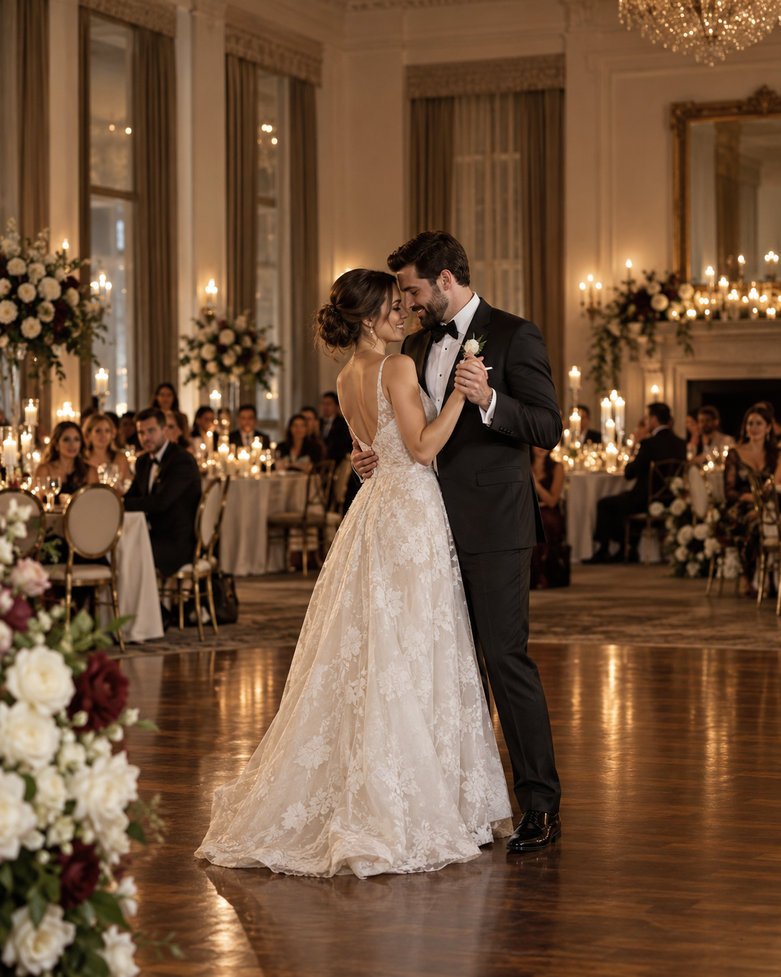 Illustrative image of a couple sharing their first dance in a candlelit reception room